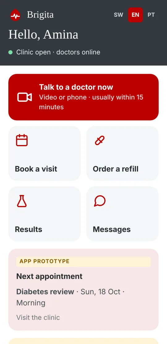 The home screen of the Brigita app