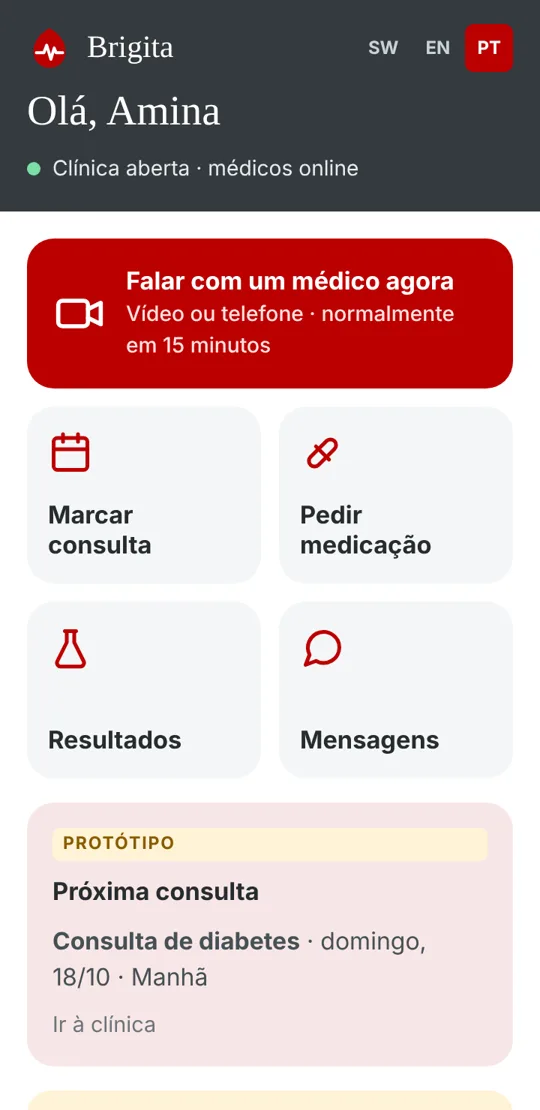 O ecrã inicial da app Brigita
