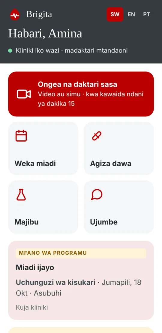 Skrini ya mwanzo ya programu ya Brigita