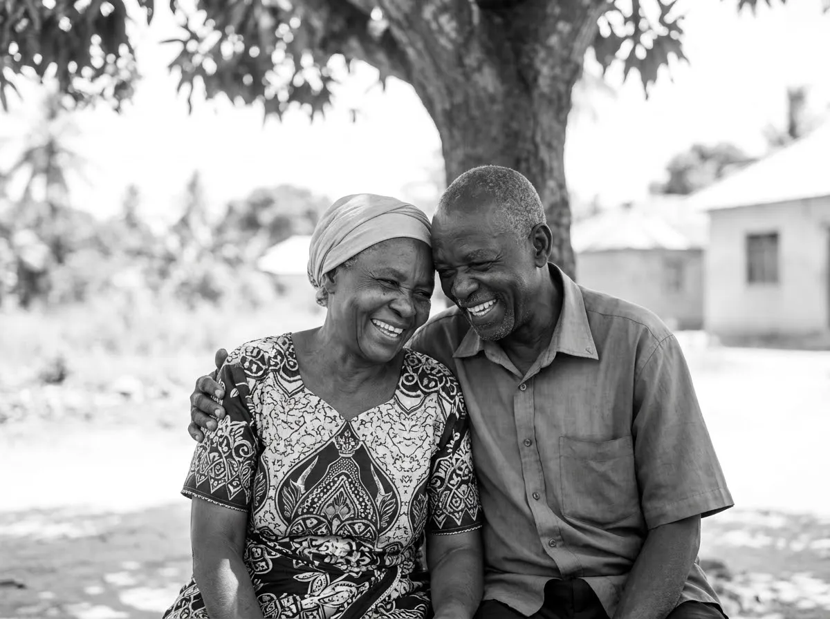 An older couple laughing together under a tree
