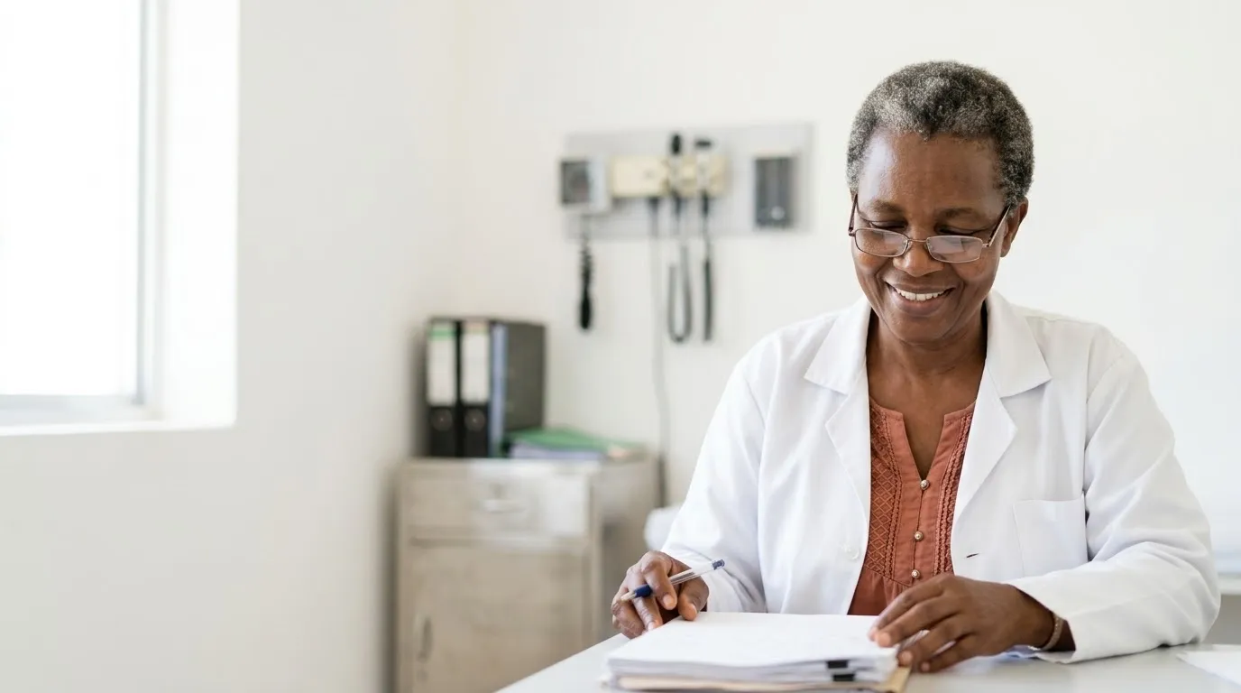 A doctor reviewing patient files at her desk