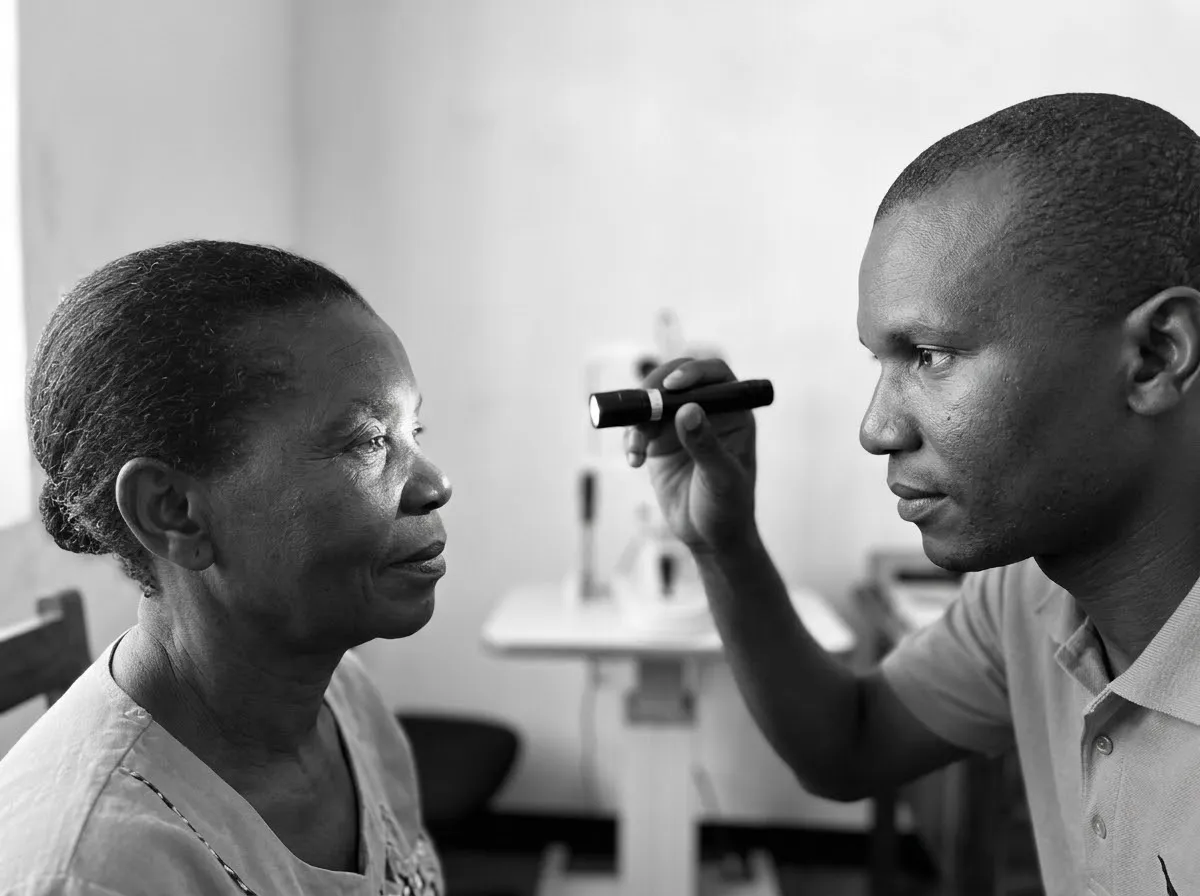 A doctor checking a patient's eyes with a penlight