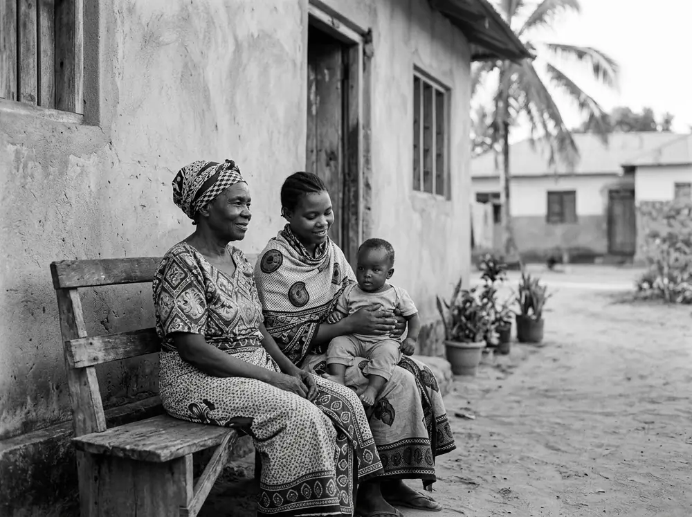 A grandmother, mother and baby sitting outside a house