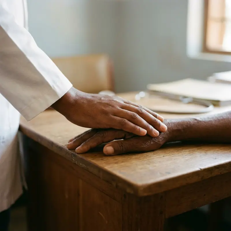 A doctor's hand resting on a patient's hand