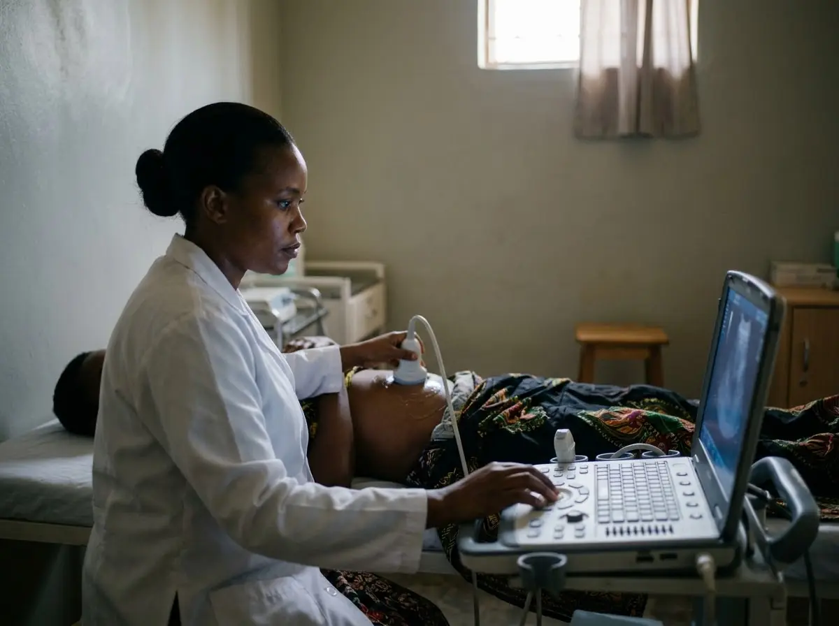 A doctor performing an abdominal ultrasound