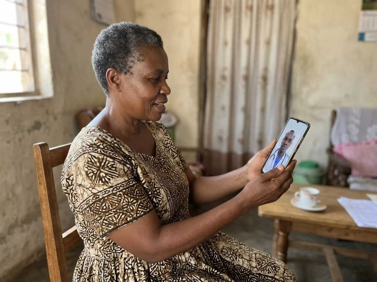 A woman talking to a doctor by video call on her phone at home